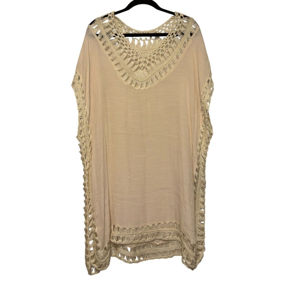 Beige Crochet Trim Cover Up Large Boho Beach Kaftan Tunic Top
